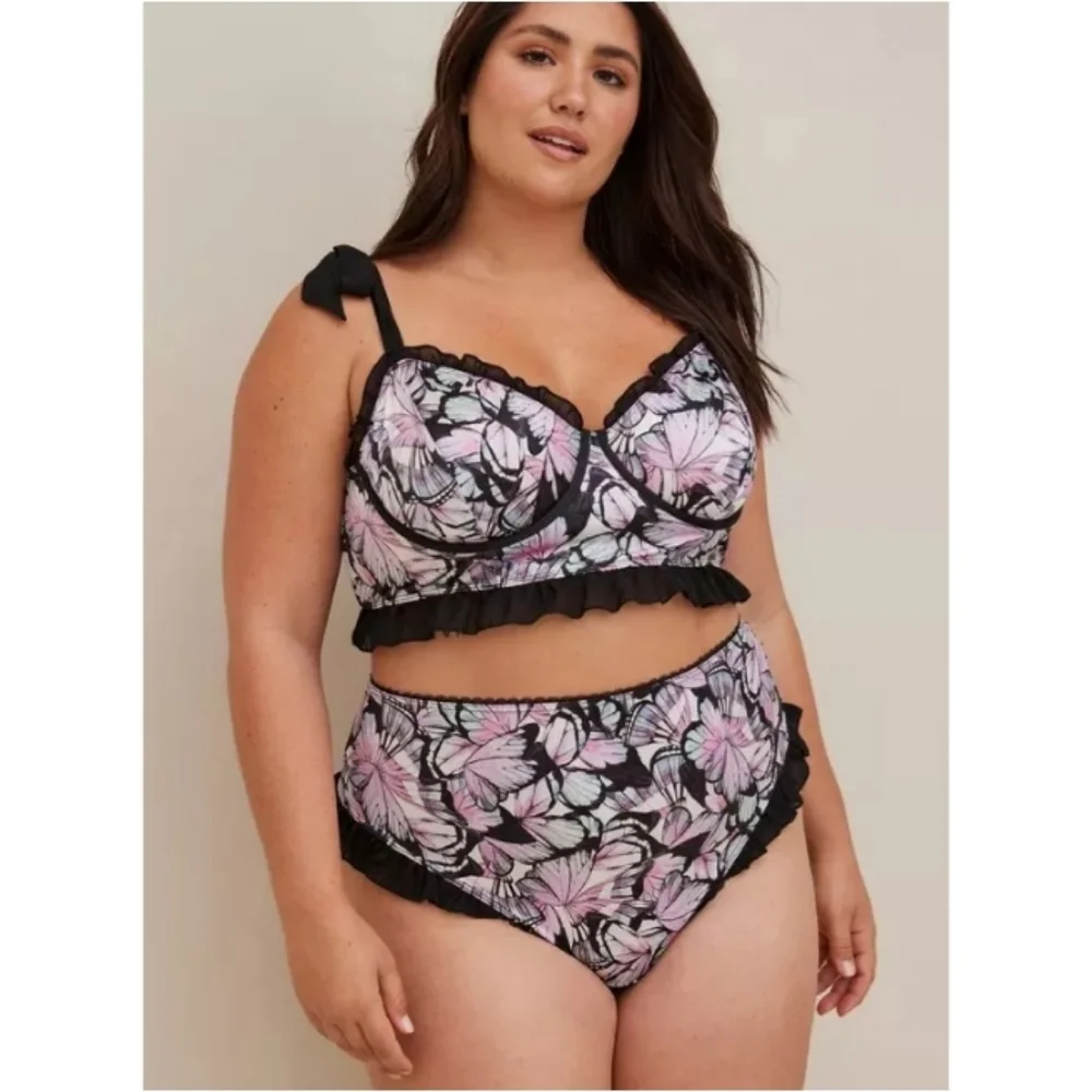 torrid | Satin Ruffle Underwire Bra and Satin Ruffle High-Rise Thong Panty Set - Picture 1 of 10